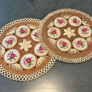 Vintage Handwoven Raffia Rattan Needlepoint Trivets Doily Placemats Set of 2